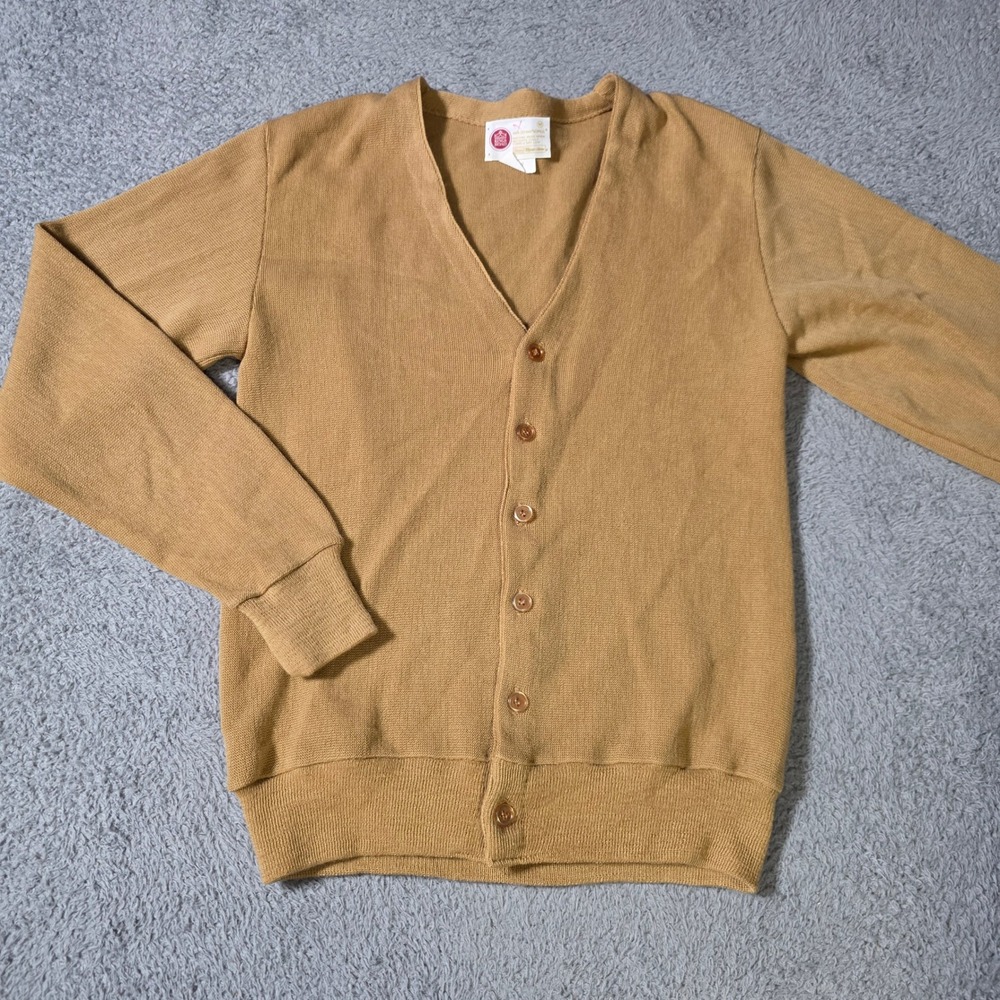 Kings Road Mens M Cardigan Sweater Tan Mustard Vintage 70s V-Neck Acrylic Button